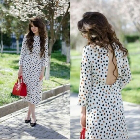 H&M Cleft Open Back Polka Dot White Black and Brown Open Back Midi Dress 4 - Picture 1 of 13